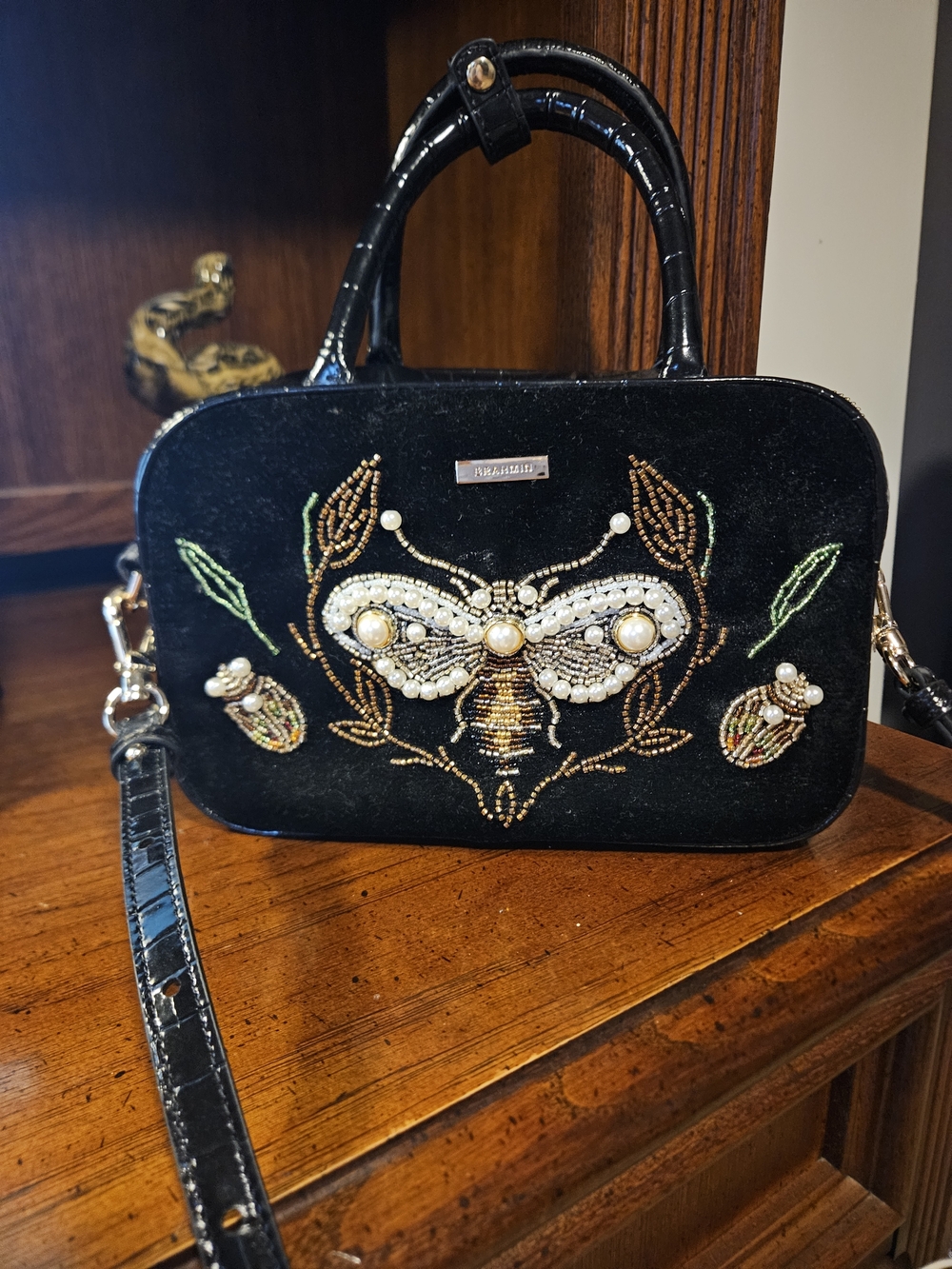 TODAY ONLY $100.  Embellished Black Velvet Satchel with Beaded Bee Motif